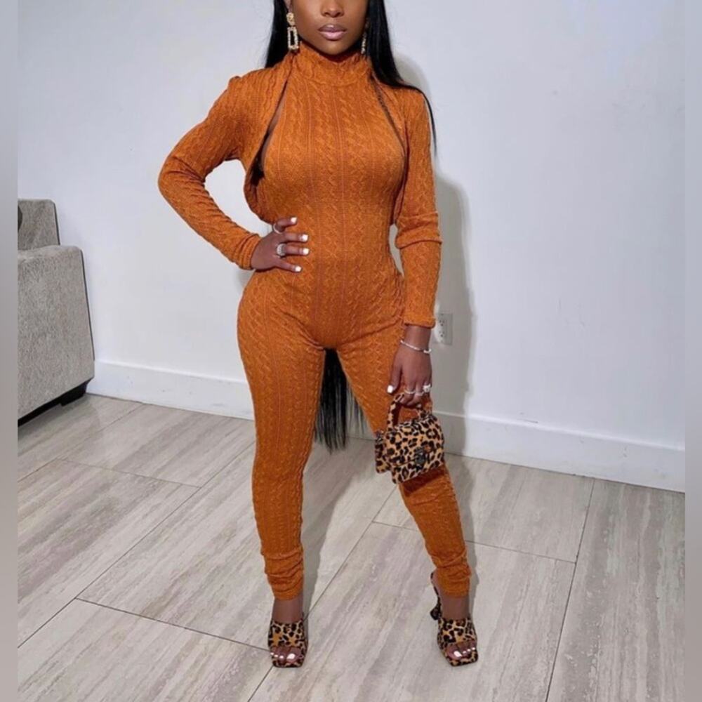 Shane Justin Knitted Jumpsuits Cardigan Set Brown